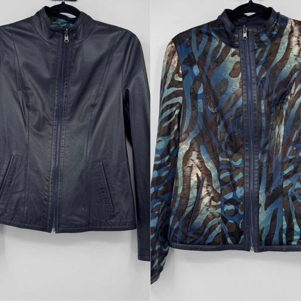 Populer Woman's Mosaic Blue Reversible Leather Jacket woman’s size Large